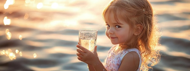 the girl is holding a glass of water Selective focus