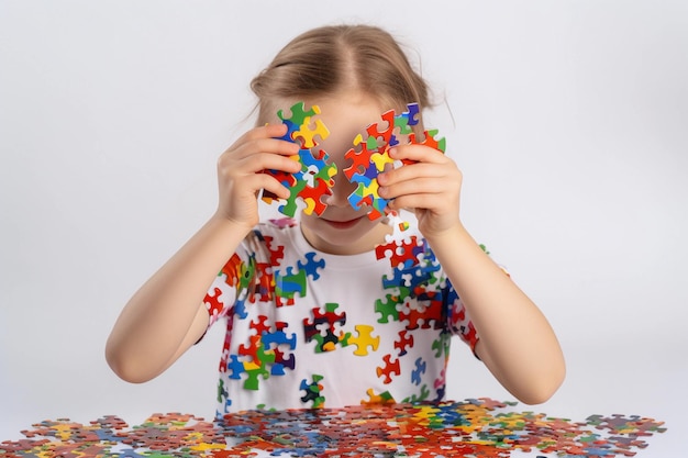 A girl is holding a puzzle piece in her hands.