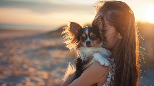 A girl is holding a small dog on a beach