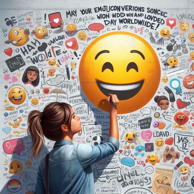 a girl is holding a yellow smiley face with many words on it