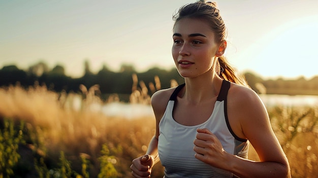 a girl is jogging in a field with the sun behind her