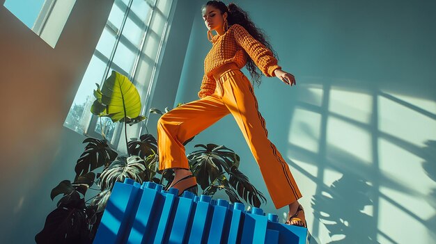 a girl is jumping over a stack of blue boxes with a leaf on the top