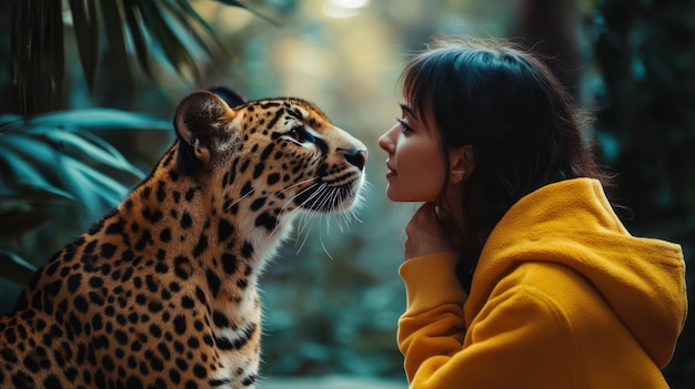 Photo a girl is kissing a leopard and the leopard is looking at her