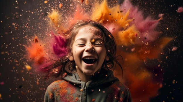 A girl is laughing in front of a colorful explosion.