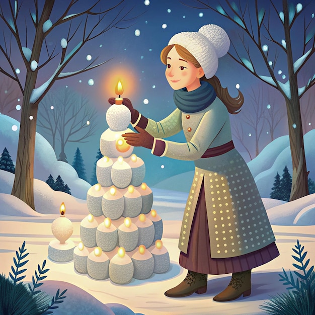 Photo a girl is lighting a candle in front of a snow covered building