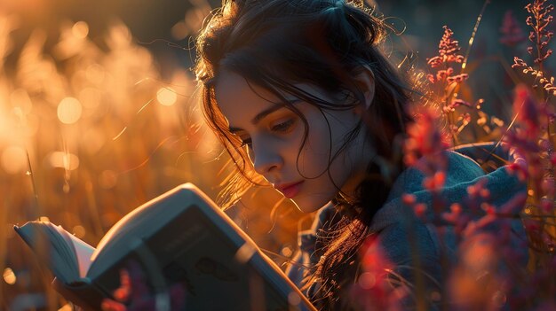 a girl is looking at a book with the sun behind her