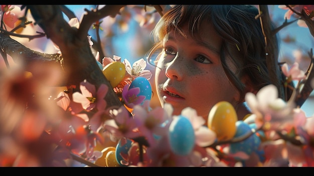 Photo a girl is looking at a bunch of easter eggs