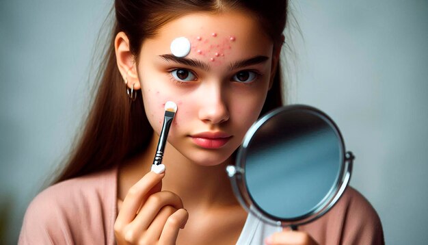 Photo a girl is looking at a mirror and is looking at her reflection