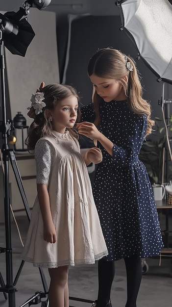 a girl is looking at a model in a dress