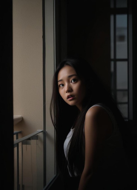 a girl is looking out of a window with a white shirt on