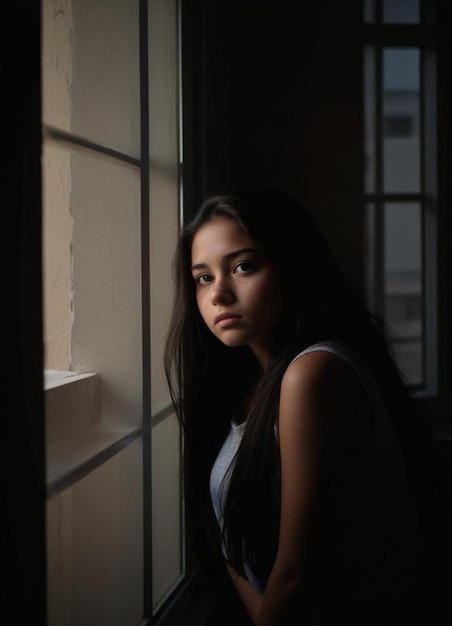 a girl is looking out a window with a window behind her