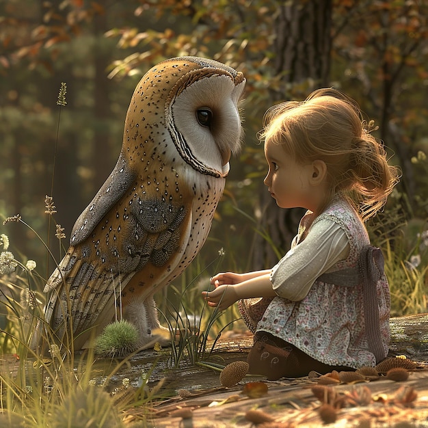 a girl is looking at an owl that is sitting on a rock