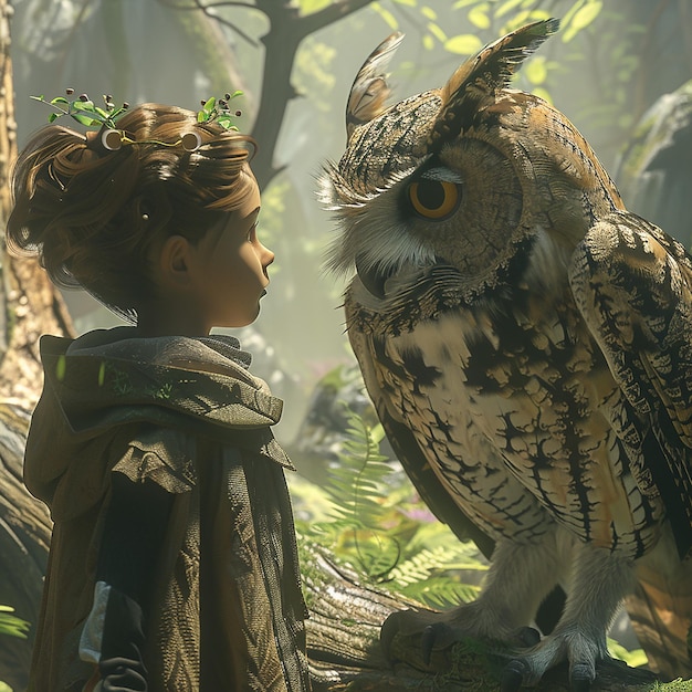 a girl is looking at an owl with a crown on her head