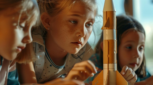 Photo a girl is looking at a rocket that is being displayed