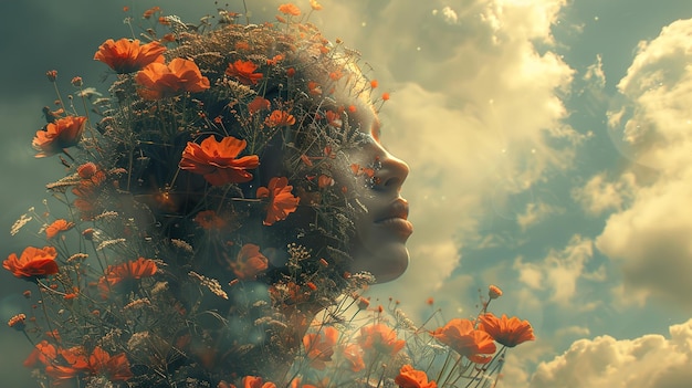 a girl is looking up at the sky with flowers in her hair