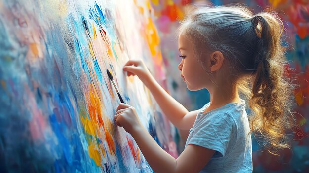 Photo a girl is painting on a canvas with a paint brush