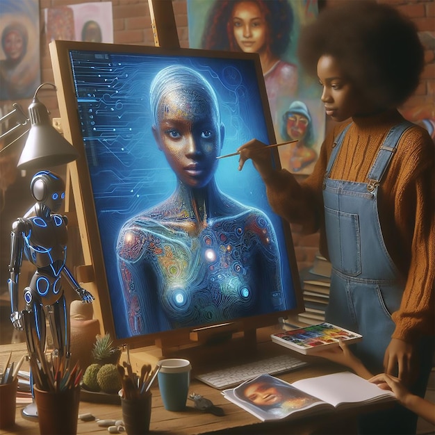 a girl is painting a picture of a womans face on a computer screen