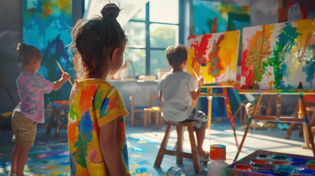 Photo a girl is painting with a painting of a boy in a yellow shirt