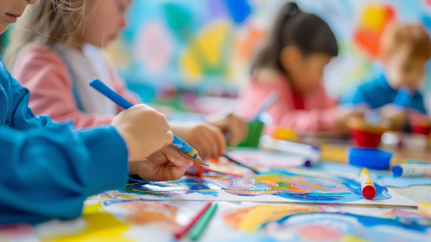 Photo a girl is painting with a pencil and a girl is drawing in front of her