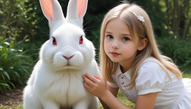 a girl is petting a rabbit with a rabbit in the background