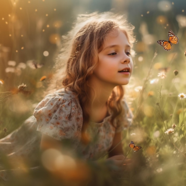 a girl is playing in a field of flowers with a butterfly on her head