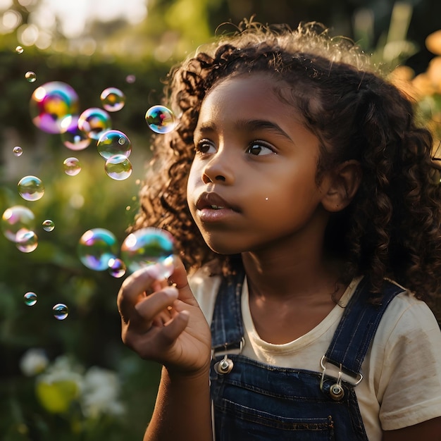 a girl is playing with bubbles in the garden