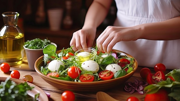 The girl is preparing a salad in the kitchen