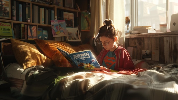 Photo a girl is reading a book in bed with a picture of the ocean on the cover