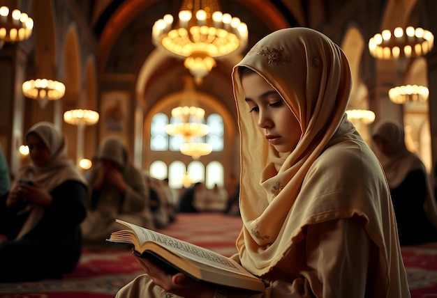 Photo a girl is reading a book in a church