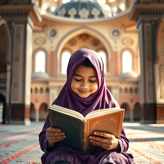 Photo a girl is reading a book in a mosque