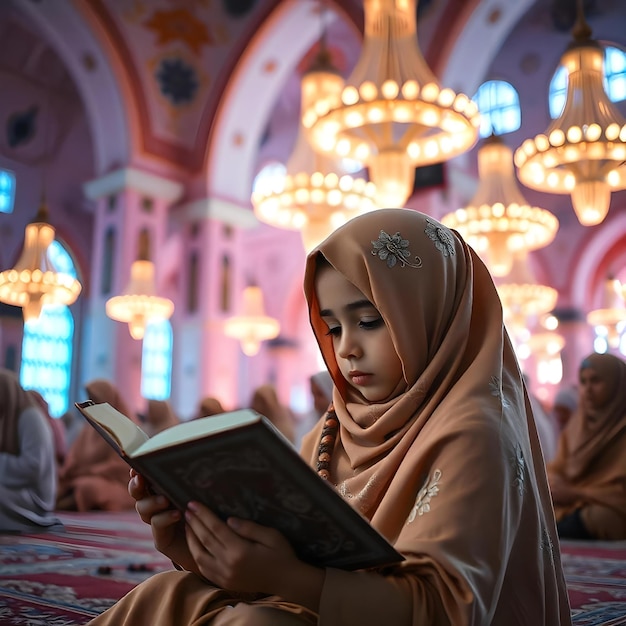 Photo a girl is reading a book in a room with lights on the ceiling