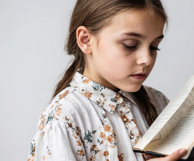 a girl is reading a book with a floral pattern on the front