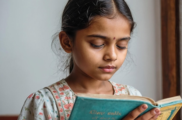 a girl is reading a book with the word quot on it