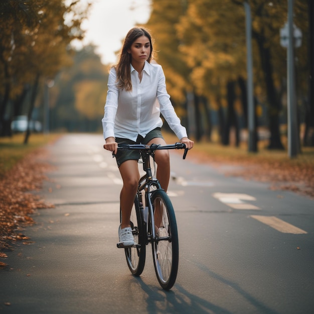 Photo a girl is riding a bike on a road with leaves on the ground