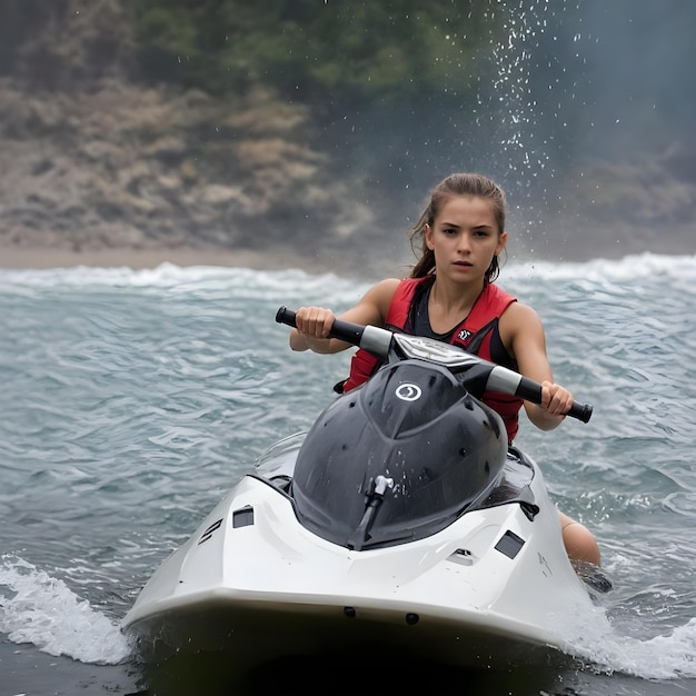 Photo a girl is riding a jet ski in the water