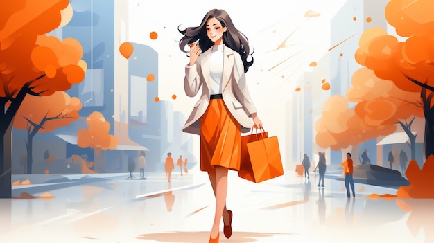 A girl is shopping with a shopping bag in the background of a shopping mall Flat illustration