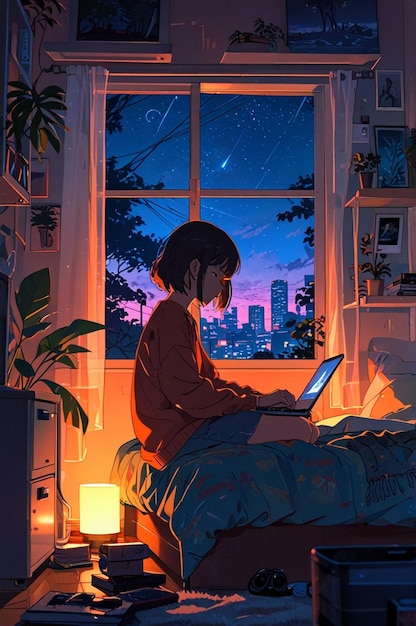 Photo a girl is sitting in bed with a computer and a monitor with the night sky in the background