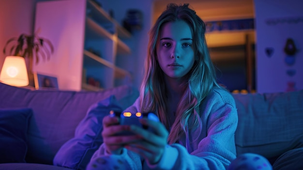 a girl is sitting on a couch with a remote control in her hand