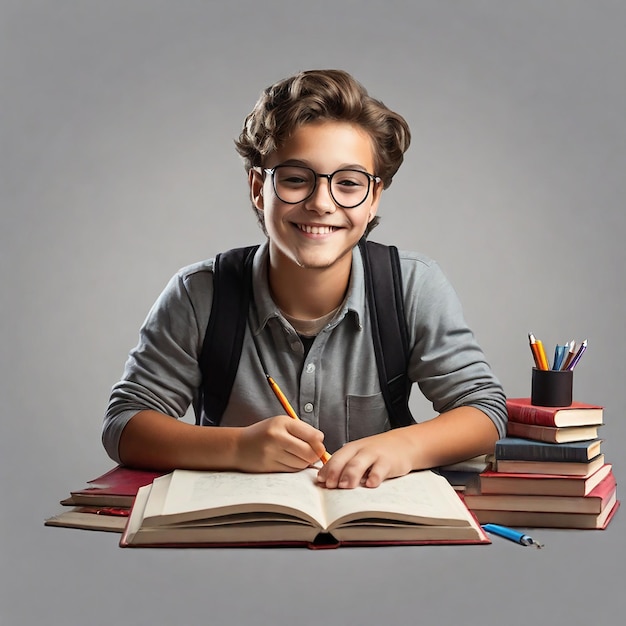 a girl is sitting at a desk with a book and a pen in her hand