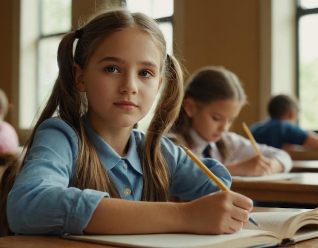 a girl is sitting at a desk with a pencil in her hand