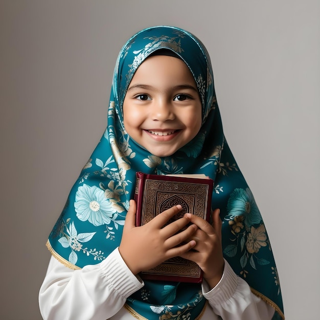 Photo a girl is sitting on the floor reading a holy quran a girl holding a alquran book that says a on it