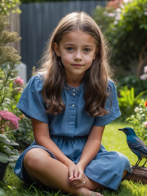 A girl is sitting in the garden with a bird in her hand