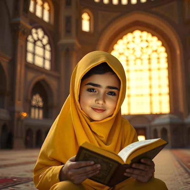 Photo a girl is sitting on a rug reading a book