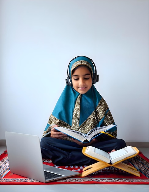 a girl is sitting on a rug and reading a Quran Kareem with headphones on her head