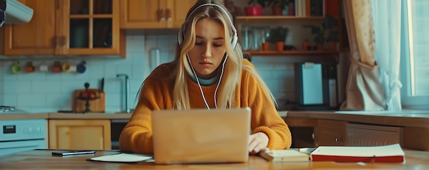 Photo a girl is sitting at a table and using a laptop