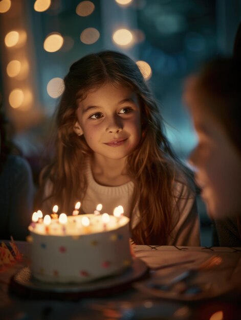 A girl is sitting at a table with a cake in front of her