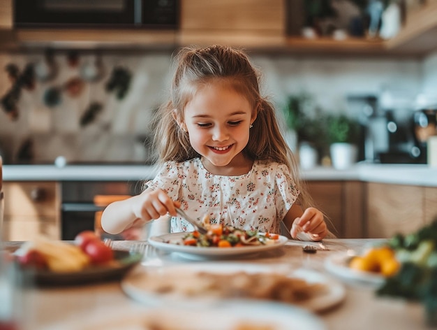 a girl is sitting at a table with food ai generated