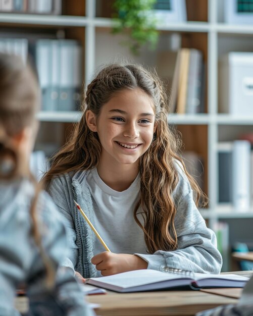 a girl is smiling and she is sitting at a desk with a book titled quot