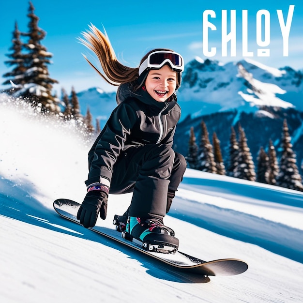 a girl is on a snowboard with the letters f