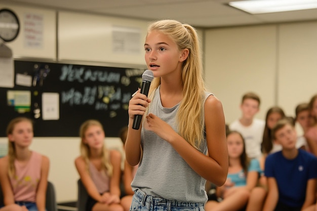 Photo a girl is speaking into a microphone and is holding a microphone